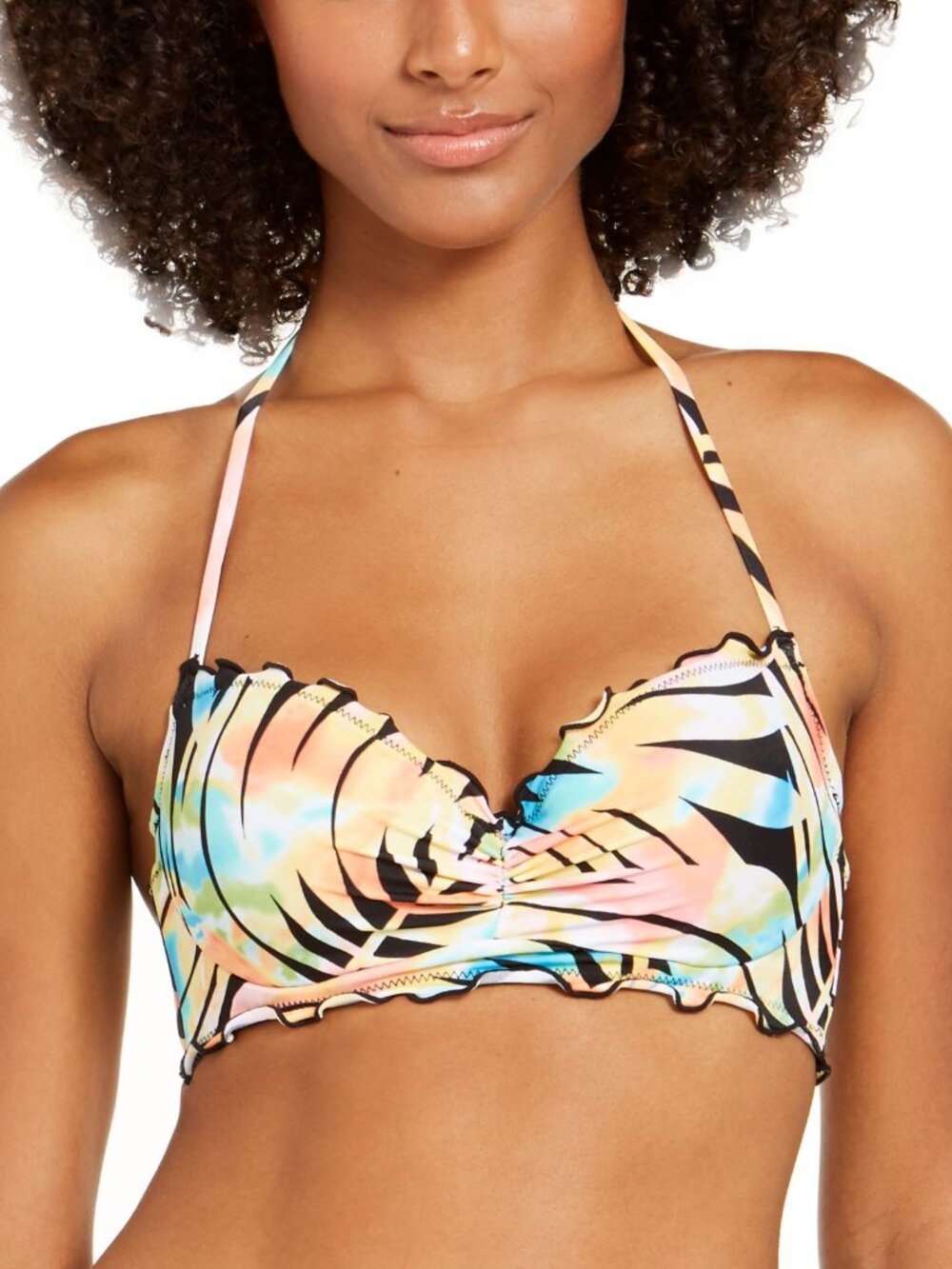 Sundazed Womens Paradise Palm Printed Bra Sized Ruffle Edge Halter Bikini Top